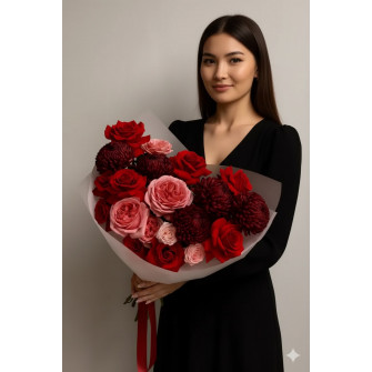 Букет из роз, пионовидных роз, хризантем, спрей роз