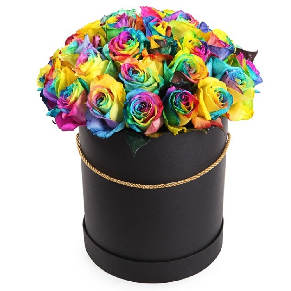 31 rainbow roses in a box